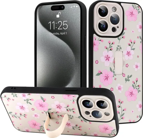 Miniatura 42 de Funda diseñada para iPhone 17 Pro Max con soporte plegable y correa para dedos, bonito patrón de lazo de corazón de flor rosa para mujeres y niñas