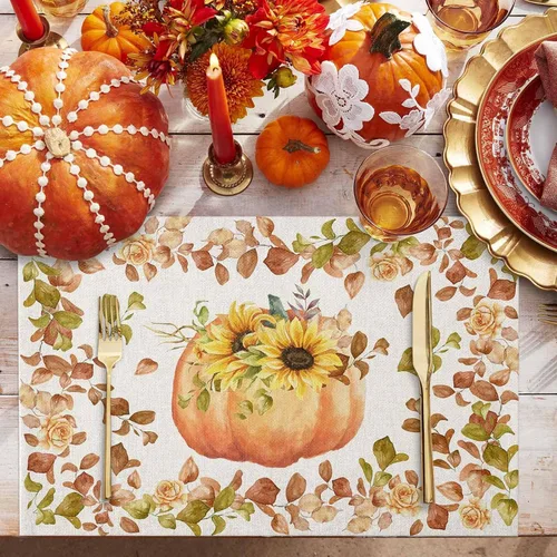 Miniatura 2 de Juego de 4 manteles individuales Boho de otoño, calabazas de acuarela para Acción de Gracias, resistentes al calor, lavables, para mesa, manteles