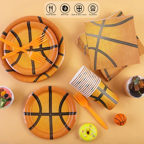 Miniatura 4 de durony Juego de vajilla de 144 piezas de platos de papel y servilletas de baloncesto, decoraciones de fiesta de cumpleaños, incluye platos de papel