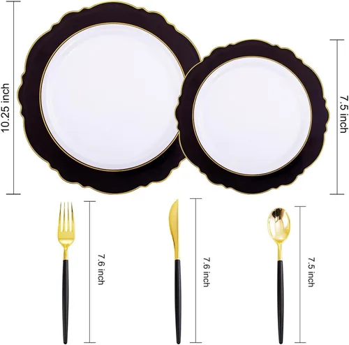 Miniatura 2 de WDF 30 Invitados - Platos de plástico negro y dorado, platos de Año Nuevo, cubiertos de plástico dorado con mango negro, vajilla desechable barroca