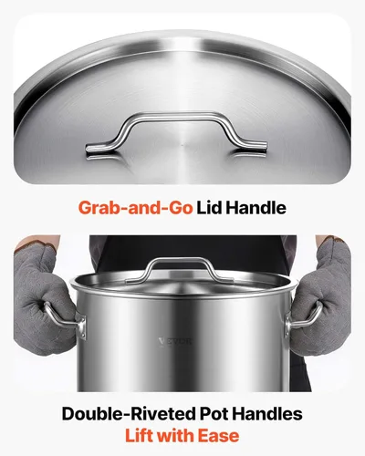 Miniatura 10 de VEVOR Olla de acero inoxidable, ollas de cocina de 24 cuartos, olla de salsa con tapa y asa, olla de grado comercial resistente, tratamiento