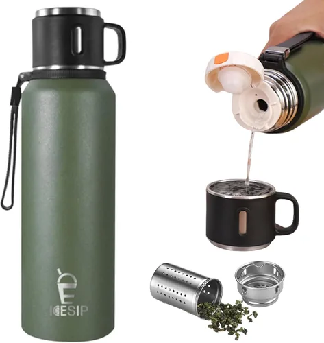 Miniatura 8 de Botella aislada de acero inoxidable, 20 onzas con taza, botella de agua aislada al vacío, termo para bebidas calientes/bebidas frías, viaje con Verde
