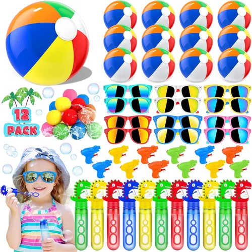 GIFTINBOX Mega Pool Party - 60 bolsas de relleno para niños, gafas de sol para niños, varitas de burbujas, juguetes de verano para suministros de