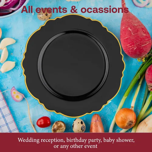 Miniatura 4 de Smarty Had A Party Elegante vajilla desechable de plástico, platos de ensalada de 7.5 pulgadas con borde de flores, color negro y dorado