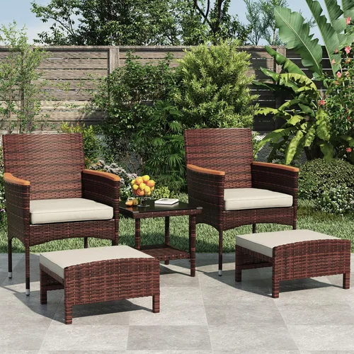 Juego de 5 muebles de patio al aire libre con mesa y otomana para exteriores, juego de patio de mimbre bistró (mimbre marrón y cojín caqui, 5