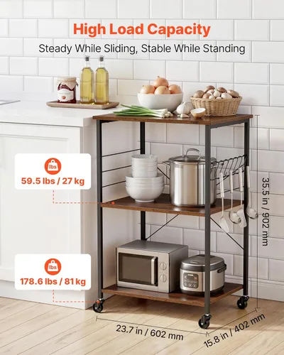 Miniatura 3 de VEVOR Carrito de cocina utilitario de 3 niveles y 23.7 pulgadas, soporte para microondas, estante de almacenamiento resistente, carrito de servicio