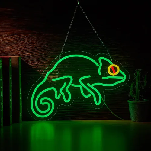 Letrero de neón de lagarto camaleón para decoración de pared con luces de neón LED de lagarto regulables Verde+Amarillo+Rojo