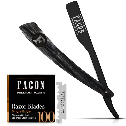 Facón Navajas rectas para hombres - Kit de navaja de barbero profesional de borde recto con 100 cuchillas, afeitadora de acero inoxidable de madera