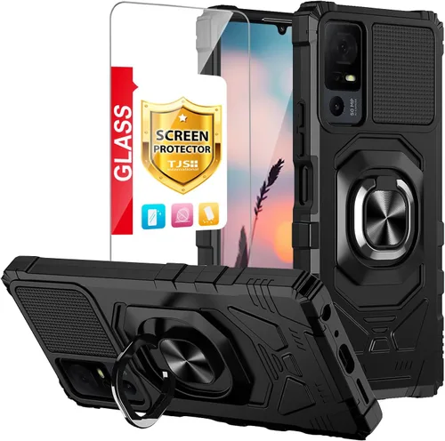 Miniatura 9 de TJS Funda para TCL 40 XL y T608DL, Lively Jitterbug Smart4 - Protector de pantalla de vidrio templado, soporte de metal resistente contra caídas Rojo