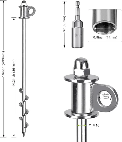 Miniatura 7 de Paquete de 4 estacas para tienda, anclajes de tierra resistentes de 16 pulgadas, soldadura completa, fáciles de atornillar y reutilizables, para E.