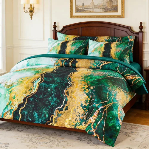 Miniatura 10 de PERFEMET Juego de edredón de 6 piezas tamaño Full, color oro aguamarina, ropa de cama en una bolsa, edredón de mármol acuarela con sábanas, suave