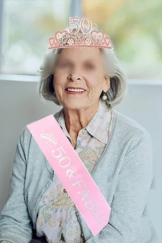 Miniatura 4 de Banda y tiara de cumpleaños número 50 para mujer, fabulosa banda con purpurina + corazones de diamantes de imitación, tiara de metal rosa de alta