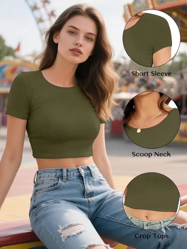 Miniatura 4 de Paquete de 4 camisetas cortas básicas ajustadas de manga corta para mujer, lindas camisetas cortas de moda con cuello redondo para mujeres