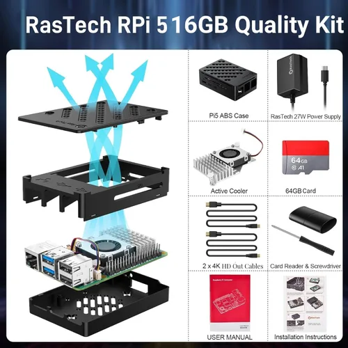 Miniatura 2 de Kit RasTech Raspberry Pi 5 de 16 GB Edición de 64 GB con enfriador activo, fuente de alimentación GaN 27W 5.1V5A USB-C, placa Pi5 de 16 GB, kit