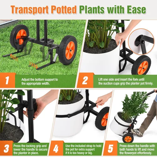 Miniatura 5 de Carrito de plantas con ruedas, carrito de plantas resistente con brazo de agarre ajustable y ventosas para macetas, carrito de mudanza de macetas