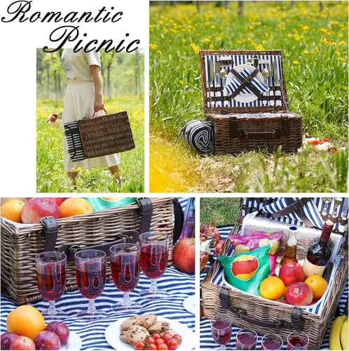Miniatura 5 de Cesta de picnic para 4 personas – Cestas con hielera y manta de picnic, cesta de picnic clásica de mimbre con alfombrilla de playa impermeable y a