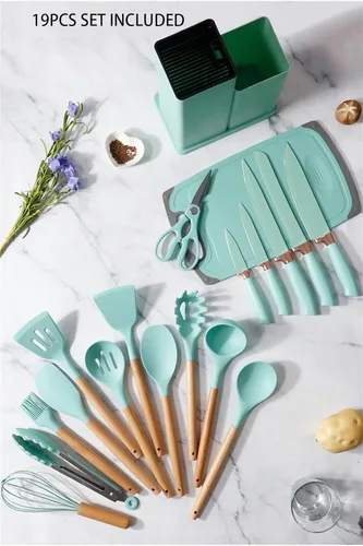 Miniatura 7 de Juego de utensilios de cocina y cuchillos de 19 piezas con bloque, 9 piezas de utensilios de cocina de silicona, 5 piezas afiladas de acero Beige