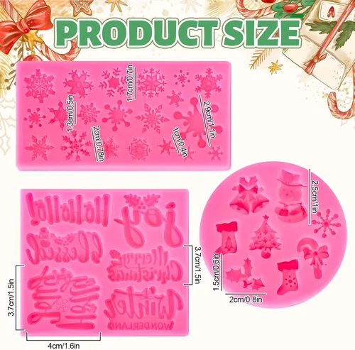 Miniatura 2 de Whaline 3 moldes de silicona para fondant de Feliz Navidad, diseño de copos de nieve rosados, con palabras bendecidas, alegría, acebo, Jolly