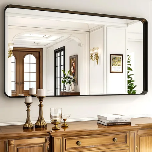 Miniatura 20 de Espejo de baño negro de 36 x 24 pulgadas, moderno espejo rectangular negro para pared con esquinas redondeadas, espejos de baño para tocador, espejo