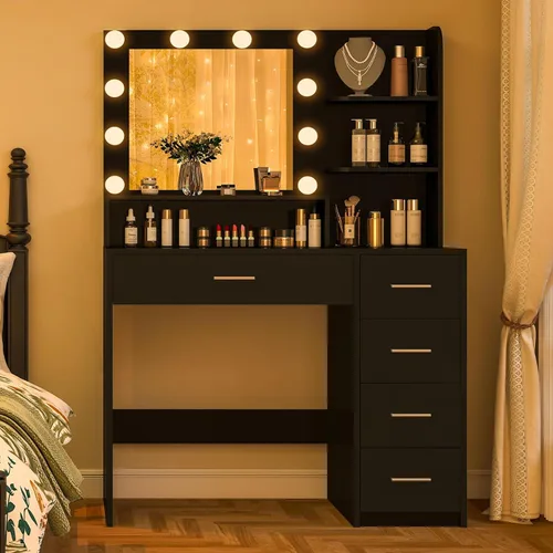Miniatura 8 de Quimoo Escritorio de tocador de maquillaje con espejo y luces, escritorio de tocador con 5 cajones y estantes de almacenamiento, mesa de tocador, 3