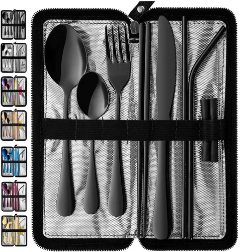 VANDBAO Utensilios de viaje portátiles, cubiertos reutilizables con estuche para fijar vajilla, juego de cubiertos estables de acero inoxidable de 9