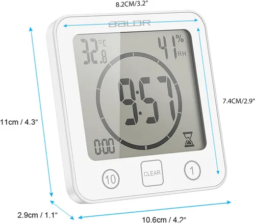 Miniatura 4 de Temporizador de ducha digital con pantalla táctil impermeable, pantalla de temperatura y humedad, reloj de baño con ventosas y agujero para colgar