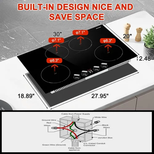 Miniatura 6 de Placa de cocción de inducción de 30 pulgadas, 4 quemadores con elemento de puente, estufa integrada de 7800 W, función de refuerzo, 10 niveles