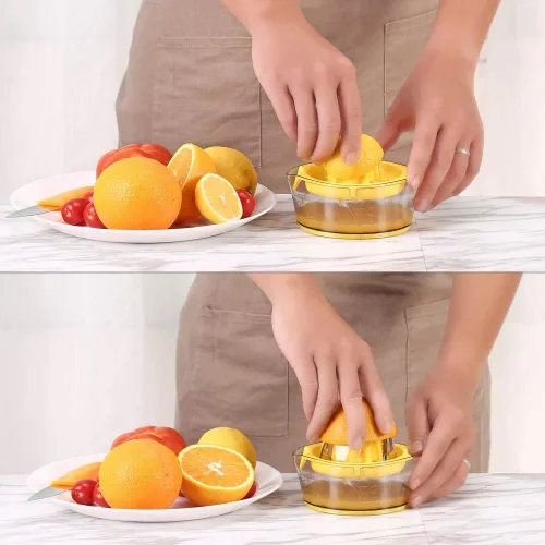 Miniatura 3 de Kasmoire Exprimidor de Cítricos Limón Naranja, Exprimidor Manual de Mano con Taza de Medición Integrada y Colador, 8 Onzas (Amarillo)
