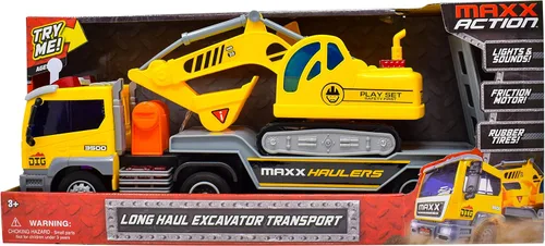 Miniatura 5 de Maxx Action Transporte de vehículos de 17 pulgadas con excavadora - Luces brillantes y sonidos de construcción Remolque alimentado por fricción