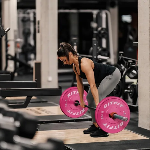 Miniatura 7 de RITFIT Placas de peso rosas, placa de pesas olímpicas de 2 pulgadas, placas de parachoques con inserto de acero, pesas rosas para gimnasio y hogar