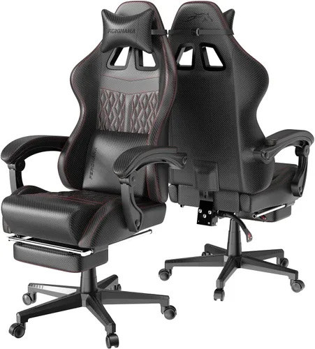 Miniatura 9 de Ferghana Silla vintage de piel sintética para videojuegos, silla de jugador con respaldo alto con masaje, silla ergonómica de oficina para Negro
