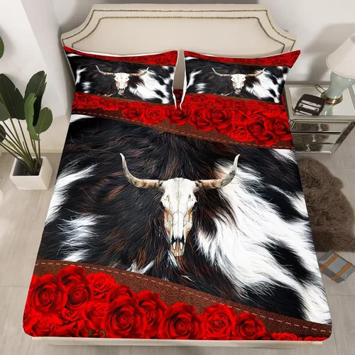 Miniatura 8 de Manfei Sábana bajera ajustable de piel de vaca, tamaño individual, juego de ropa de cama de flores de rosa roja, 2 piezas para decoración