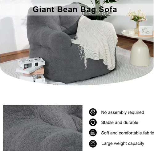 Miniatura 7 de DKLGG Puf para adultos, puf gigante con relleno incluido, de piel sintética, sofá de espuma viscoelástica, con reposabrazos para sala de estar, Gris