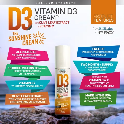 Miniatura 3 de BIOLABS PRO Crema natural de vitamina D3 de 15000 UI de vitamina D, máxima fuerza, combate la deficiencia de vitamina D de forma natural