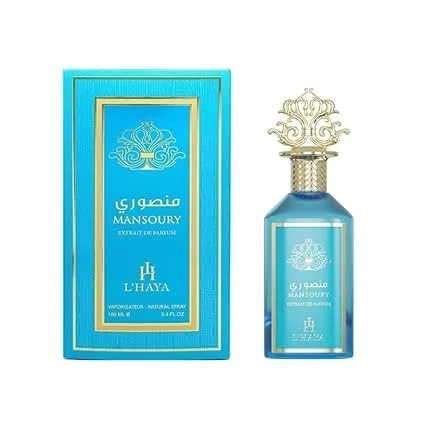 L'Haya Mansoury Extrait de Parfum, fragancia de lujo botella de vidrio azul turquesa con tapa de corona dorada, 3.4 onzas líquidas
