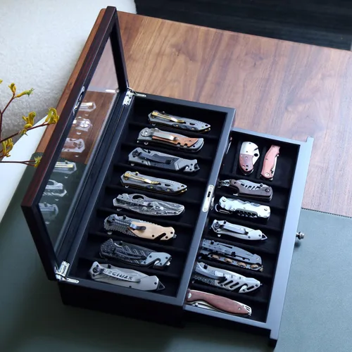 Miniatura 4 de Estuche de exhibición de cuchillos de dos niveles, caja de almacenamiento para cuchillos de bolsillo de 15 a 17 cuchillos de bolsillo, estuche Chapa