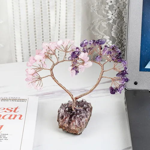 Miniatura 3 de TUMBEELLUWA Árbol de dinero con piedras de cristal con base de racimo de amatista natural, hecho a mano, figura de amor, árbol bonsái para buena