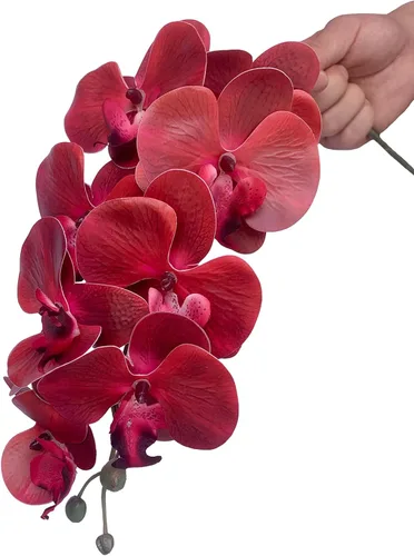 Miniatura 3 de FagusHome Phalaenopsis - 6 piezas de flores artificiales de orquídea con 4 paquetes de hojas, plantas con tallo para decoración del hogar (rojo)