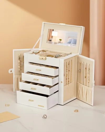Miniatura 26 de Homde Regalos de Navidad de cuero sintético, enorme joyero, organizador de reloj con espejo, collar, anillo y aretes, estuche de regalo con Dorado