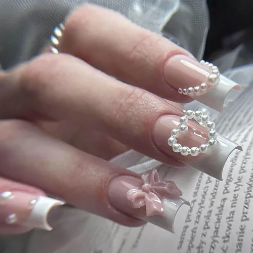 Miniatura 13 de Lindas uñas a presión de tamaño mediano - Uñas falsas cuadradas con punta francesa, uñas acrílicas rojas de cobertura completa brillantes