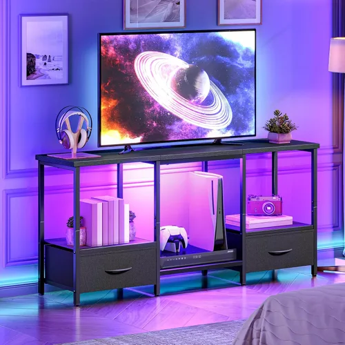 Miniatura 6 de HOOBRO Soporte de TV LED con almacenamiento, centro de entretenimiento LED con estantes abiertos y cajón, se adapta a televisores de hasta 55 Negro