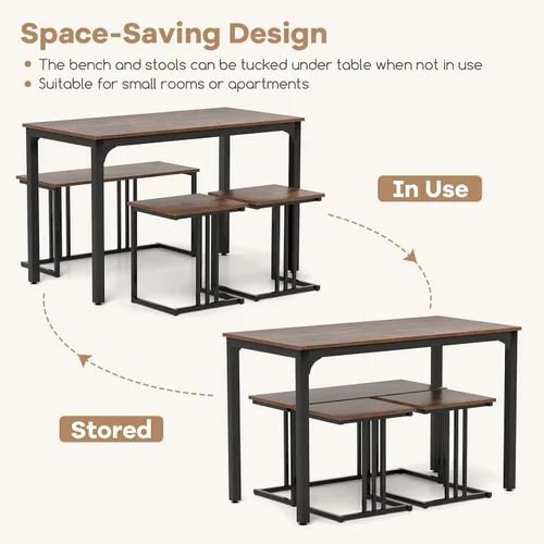 Miniatura 4 de GOFLAME Juego de mesa de comedor de 4 piezas para 4, mesa de comedor rectangular de madera con banco y 2 taburetes, juego de mesa de cocina