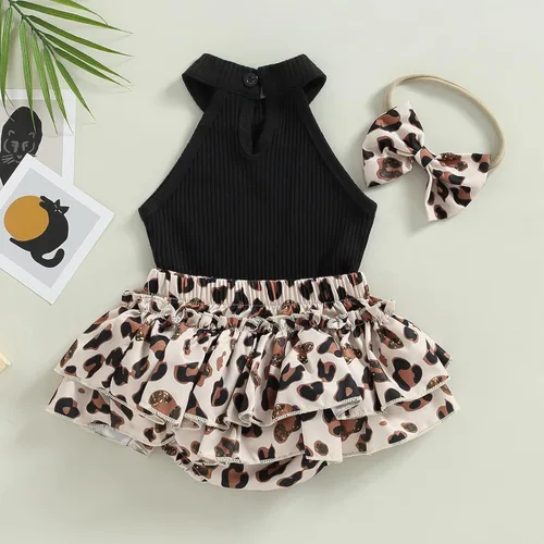 Miniatura 124 de TheFound Trajes de verano para niñas pequeñas, sin mangas, de punto acanalado, halter, pantalones cortos, ropa para recién nacidos, conjunto de 3