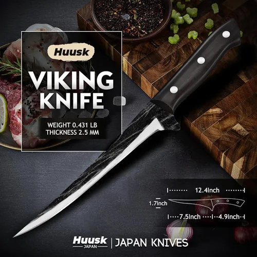 Miniatura 4 de Huusk Cuchillo de filete de pescado con funda – Cuchillos de deshuesado forjados a mano de 7 pulgadas para recortar carne, cuchillos japoneses