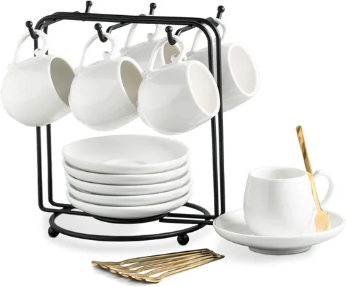 LYEOBOH - Juego de tazas de café expreso con platillos, 85 ml, tazas de café con soporte de metal y cucharas, tazas de café capuchino de cerámica,
