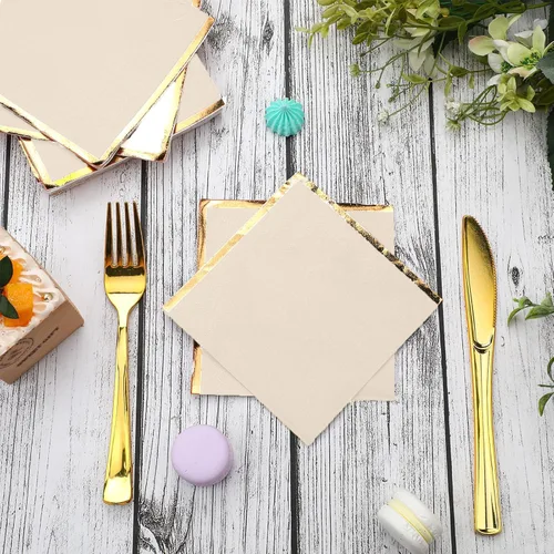 Miniatura 5 de Fulmoon Paquete de 100 servilletas de cóctel de papel de 2 capas con borde de lámina dorada para bebidas, postre, servilletas de papel desechables