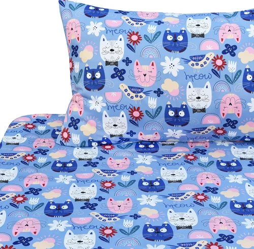J-pinno Juego de sábanas de 3 piezas para niños con pintura de gato, gatito, flores, pájaros azules adorables, 100% algodón, tamaño individual,