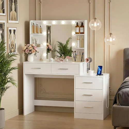 YESHOMY Escritorio de maquillaje con espejo y luces, mesa de tocador con 5 cajones, 6 estantes, estación de carga para dormitorio, vestidor, blanco