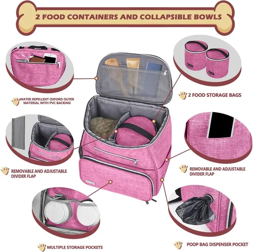 Miniatura 2 de BAGLHER Mochila de viaje para perros, mochila de suministros para mascotas aprobada por aerolíneas, bolsa de viaje para perros con 2 cuencos Rosa