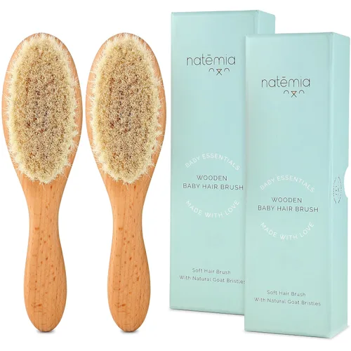 Natemia Juego de cepillos de cerdas suaves para el pelo del bebé, paquete de 2 cepillos de madera para recién nacidos, niños pequeños y regalo de